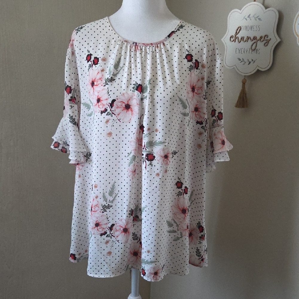 Van Heusen Pink Floral and Black Polka Dot Blouse
